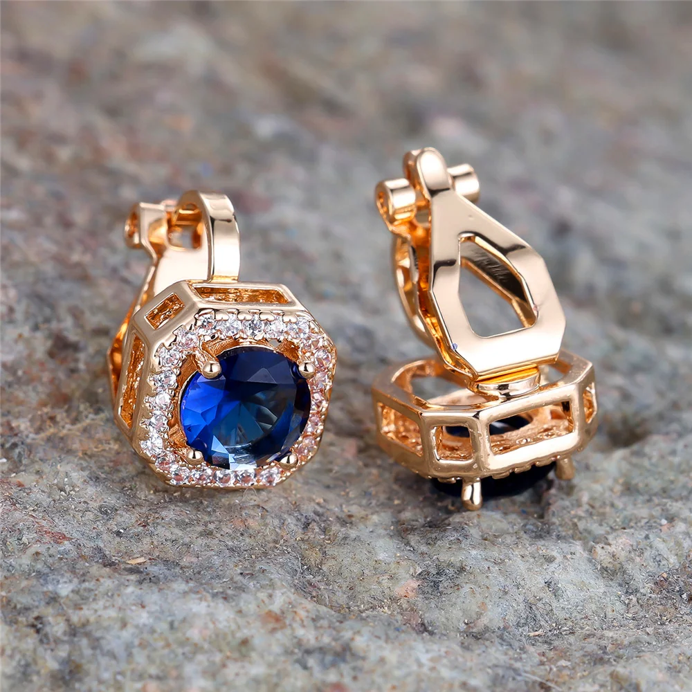 Crystal Round Stone Clip Earrings For Women Rose Gold Silver Color White Green Blue Zircon Jewelry Simple Fashion Gifts