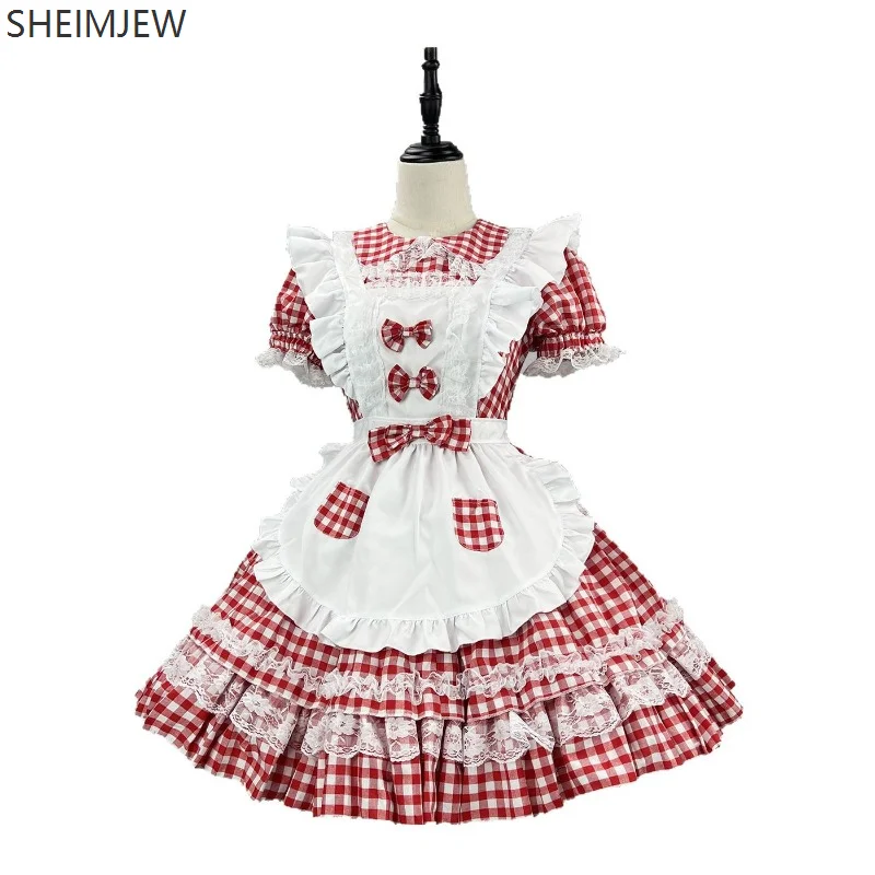 Japanese Cute Lolita Princess Dress Women's Ruffle Plaid Waiter Costume Halloween Cosplay Stage Strawberry Maid Uniform 2025