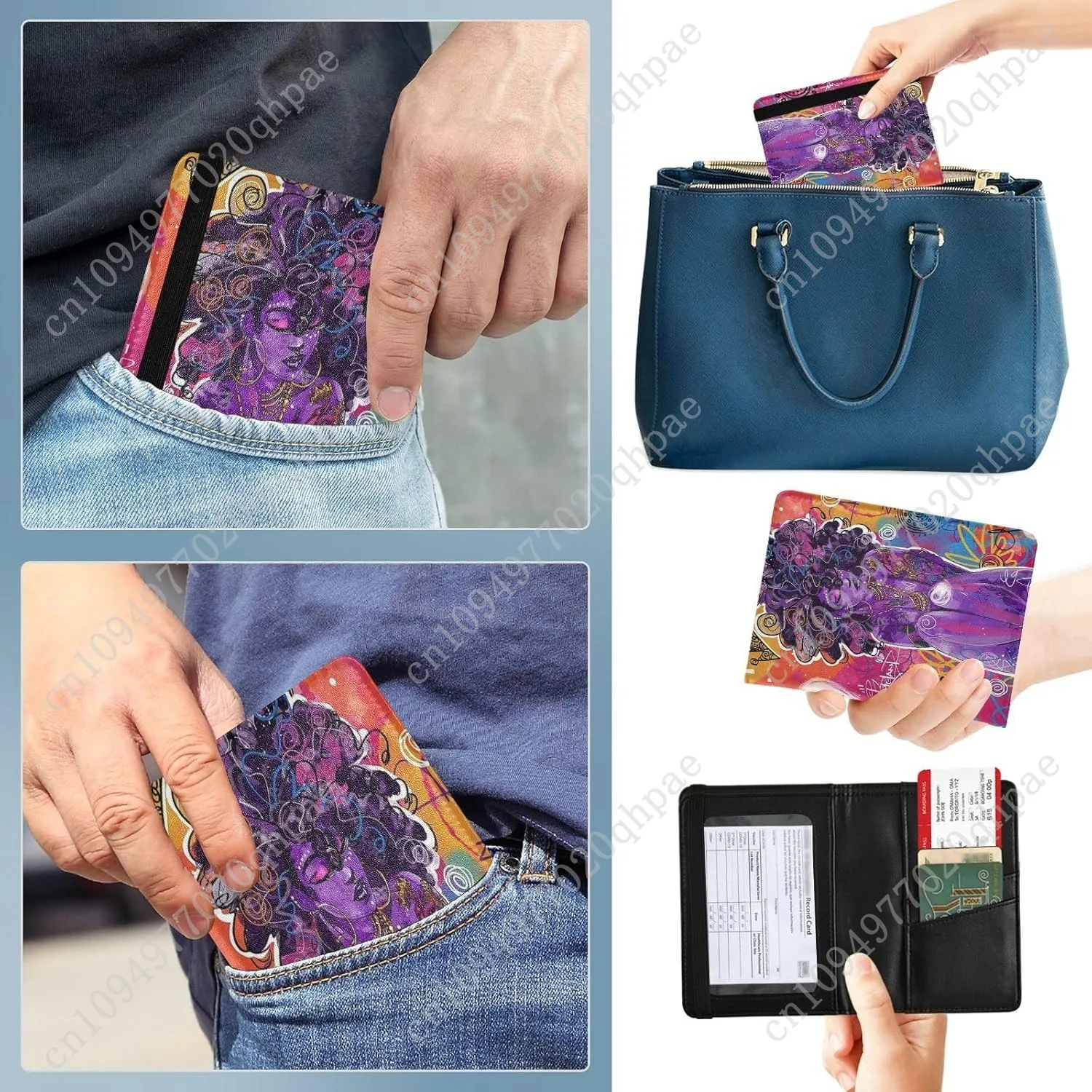 حامل جواز السفر المرأة الأرجواني الكتابة على الجدران امرأة أمريكية أفريقية قسط بولي Leather الجلود جواز سفر يغطي هدية السفر 5.7*4.3in