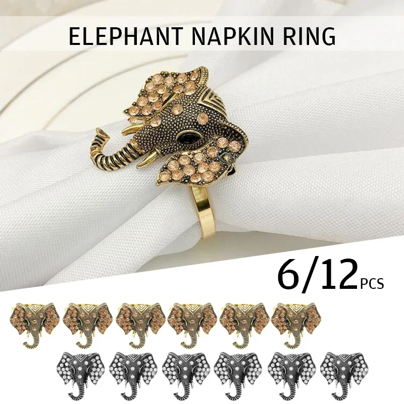 

6/12pcs Retro Elephant Napkin Rings Chic Rhinestone Elephant Napkin Ring Western Napkin Buckle Table Decoration