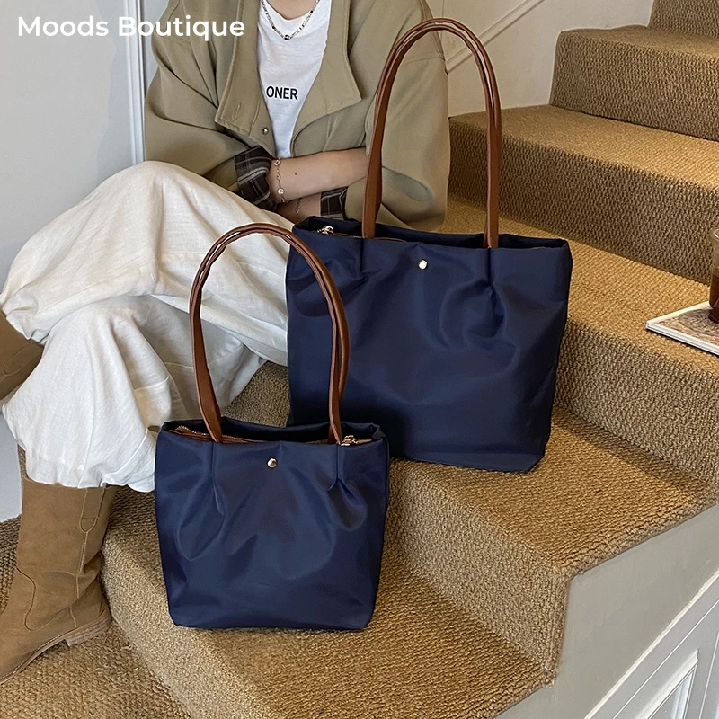 

Quality Two-sized Nylon Fabric Tote Bags For Women Pure Color Large Capacity Shoulder Shopper Bag Simple Fashion Commute Handbag