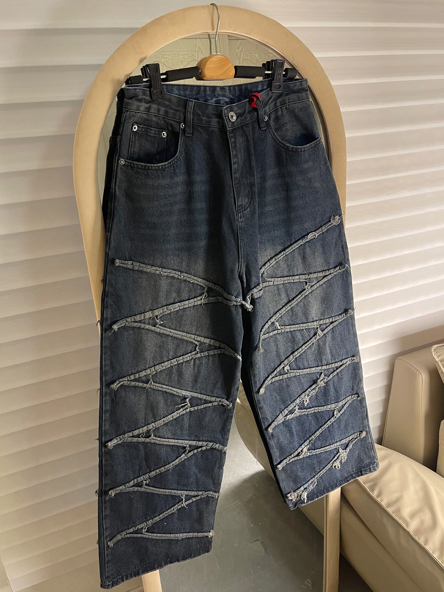 

Parisian Sle American Retro Patchwork Weathered Denim Jeans Men's Loose Straight Leg Wide Leg Long Trousers Casual Faion