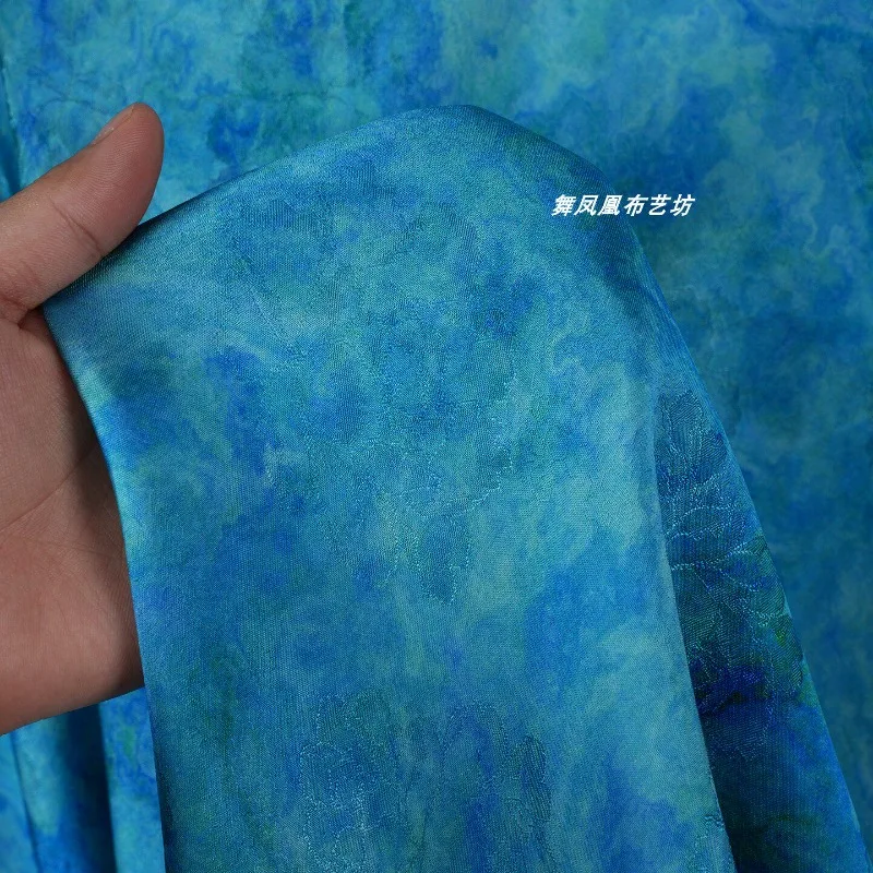 Lake Blue Porcelain Ink Wash Gambiered Silk Jacquard Fabric Chinese Style for Spring Summer Top Dress DIY Sewing Accessories