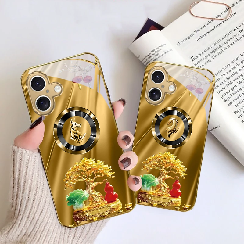 

Horse Head Treasure Tree For iPhone 16E 15 Pro 14 13 Plus 12 mini 11 15Pro 14Max 13Plus XR Xs 16 Pro Max Golden glass phone case