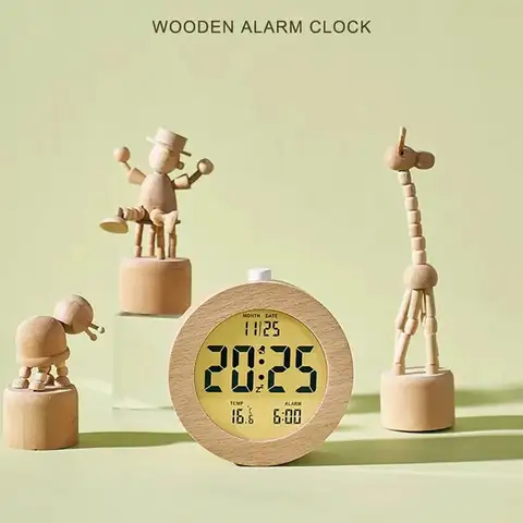 Réveil rond/carré en bois, horloge électronique multifonctionnelle à piles de Style nordique, silencieuse avec rétro-éclairage