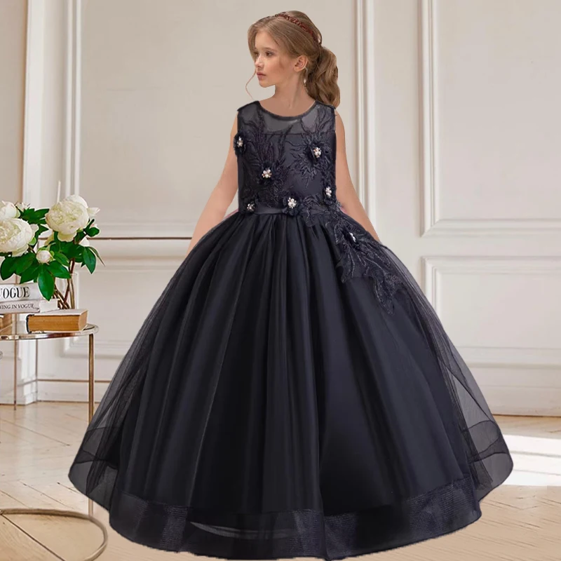 The new flower girl girl long skirt elegant embroidered girl piano performance costume clothing suitable for 8-12 year old girl