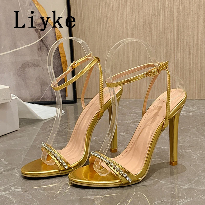 Liyke Gladiator Women Sexy 11CM Stiletto Sandals Crystal Narrow Band Open Toe Summer Silver High Heels Ladies Party Dress Shoes