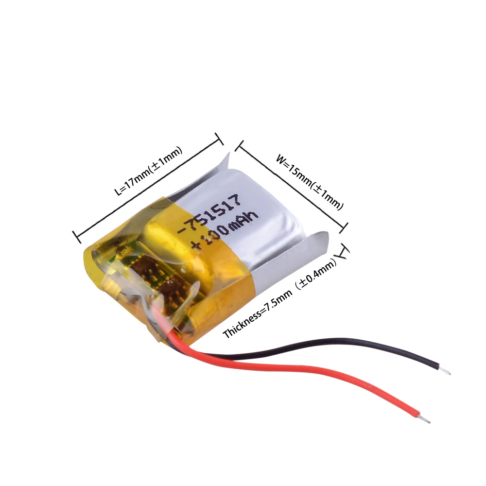 751517 3.7v 100mah Rechargeable Lithium Polymer battery