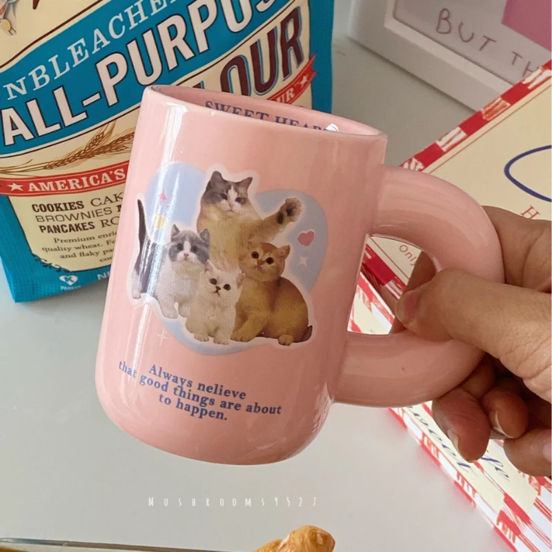 Pink Cute Kitten Mugs Girls To Drink Breakfast Coffee Milk Cup Ceramic Chubby Handle Christmas Gift Office Cups 300ML Drinkware