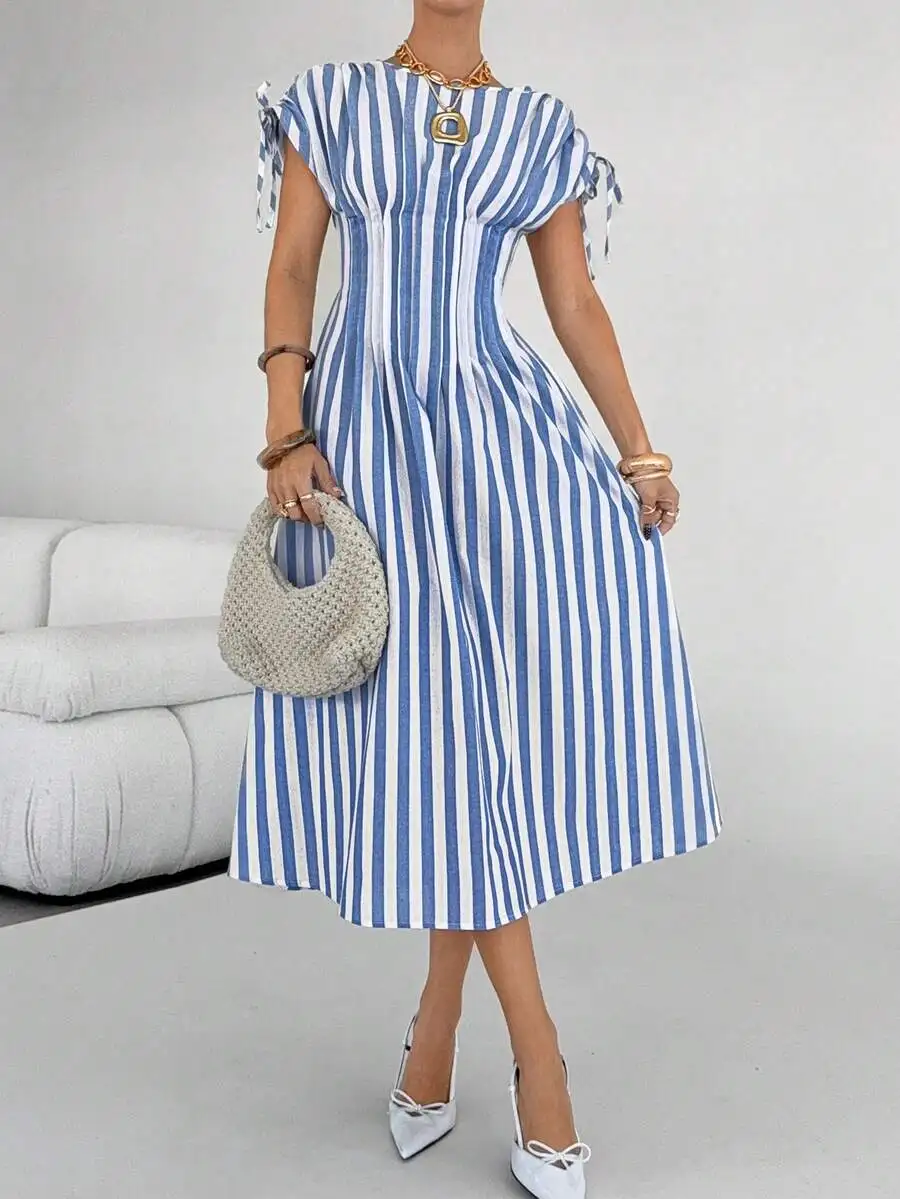 

Elegant Blue White Striped A-Line Midi Dress With Ruched Waist And Tie Sleeves