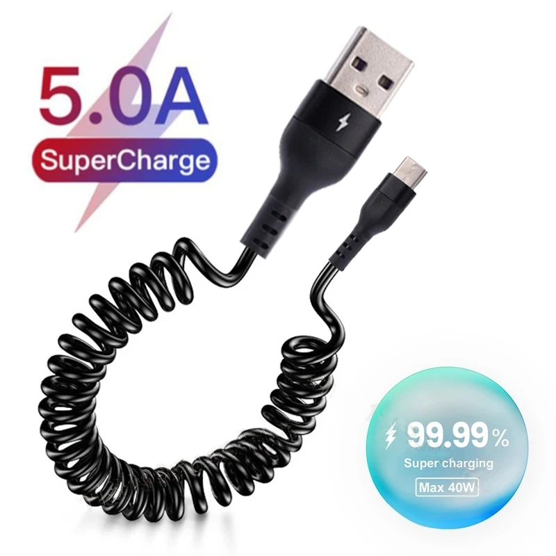 Spring Telescopic 5A Fast Charging Type C Cable USB to Type-C Car Phone Charger USB Data Cables For Samsung Xiaomi POCO Huawei