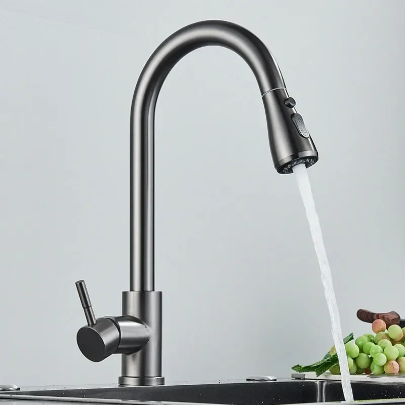 Kitchen Faucets Brushed Nickel Pull Out Kitchen Sink Water Tap Deck Mounted Mixer Stream Sprayer Head Hot Cold Taps Black Chrome