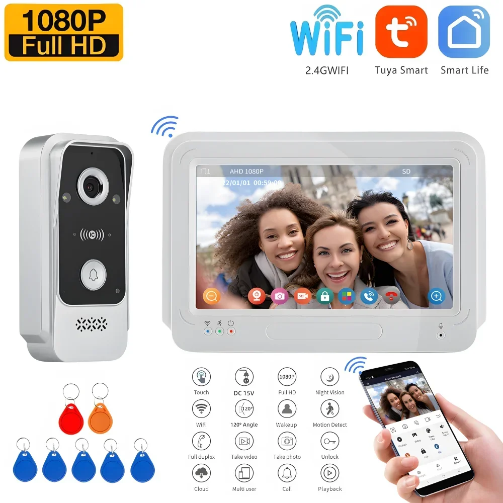 

7 Inch 1080P Tuya Smart Home Wifi Video Intercom Doorman Wireless Doorbell Camera RFID Card Unlock Door Entry Intercom System