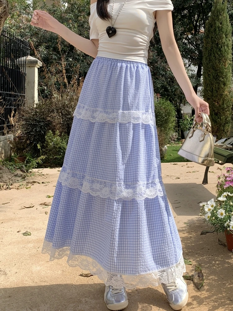 Midi Long Skirt Women Crochet Lace Skirt 2025 Japan Style Lolita Spring Summer High Waist High Low Ruched Lace Plaid Skirts rok