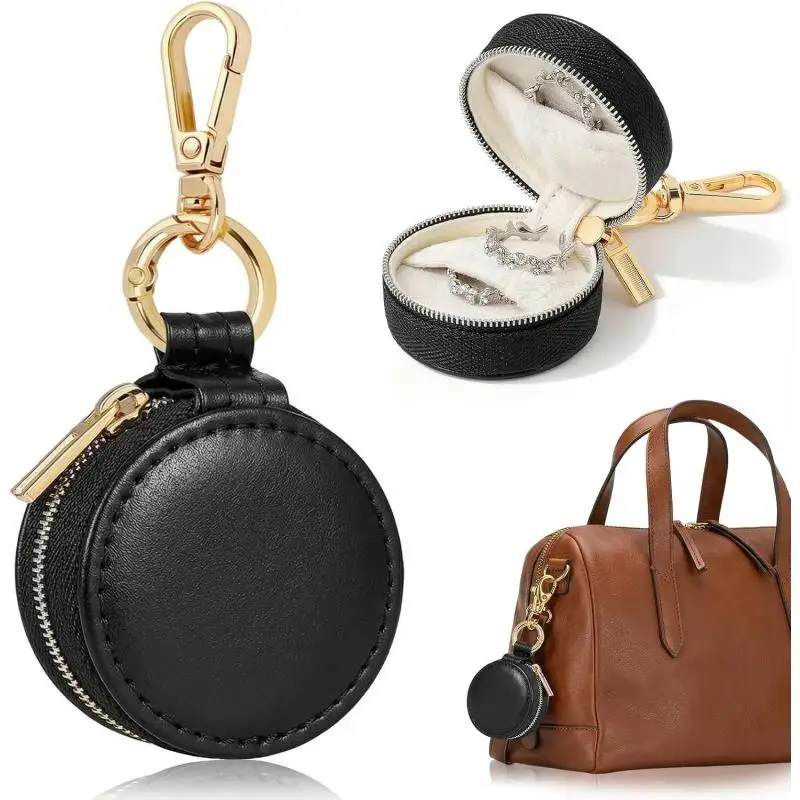 Engagement Gift Ring Holder for Women-Small Travel Ring Box Case with Keychain, Portable Jewelry Storage Mini Faux Leather box