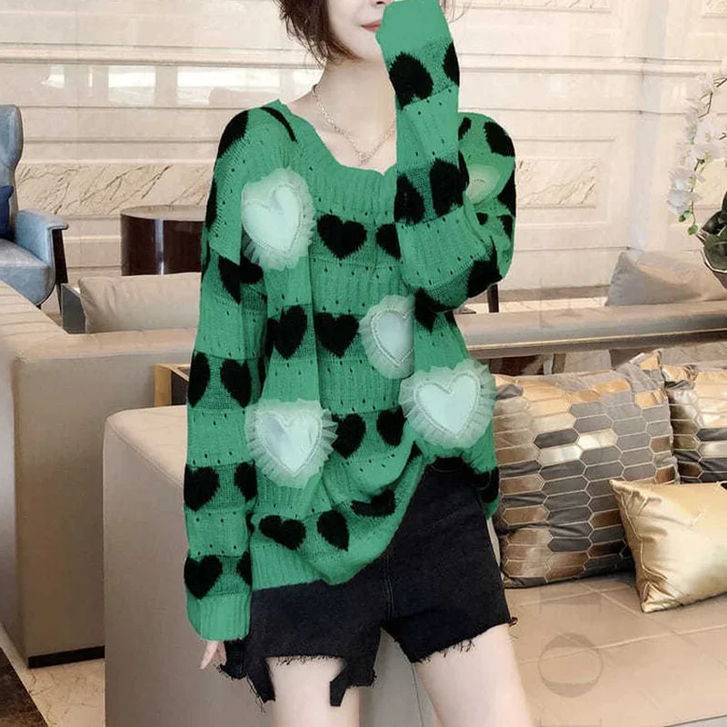 

2022 Spring Harajuku Chic Lace Heart Pearl Soft Women Knit Sweater Fall Sweet Long Sleeve Korean Fashion Casual Pullover Jumper