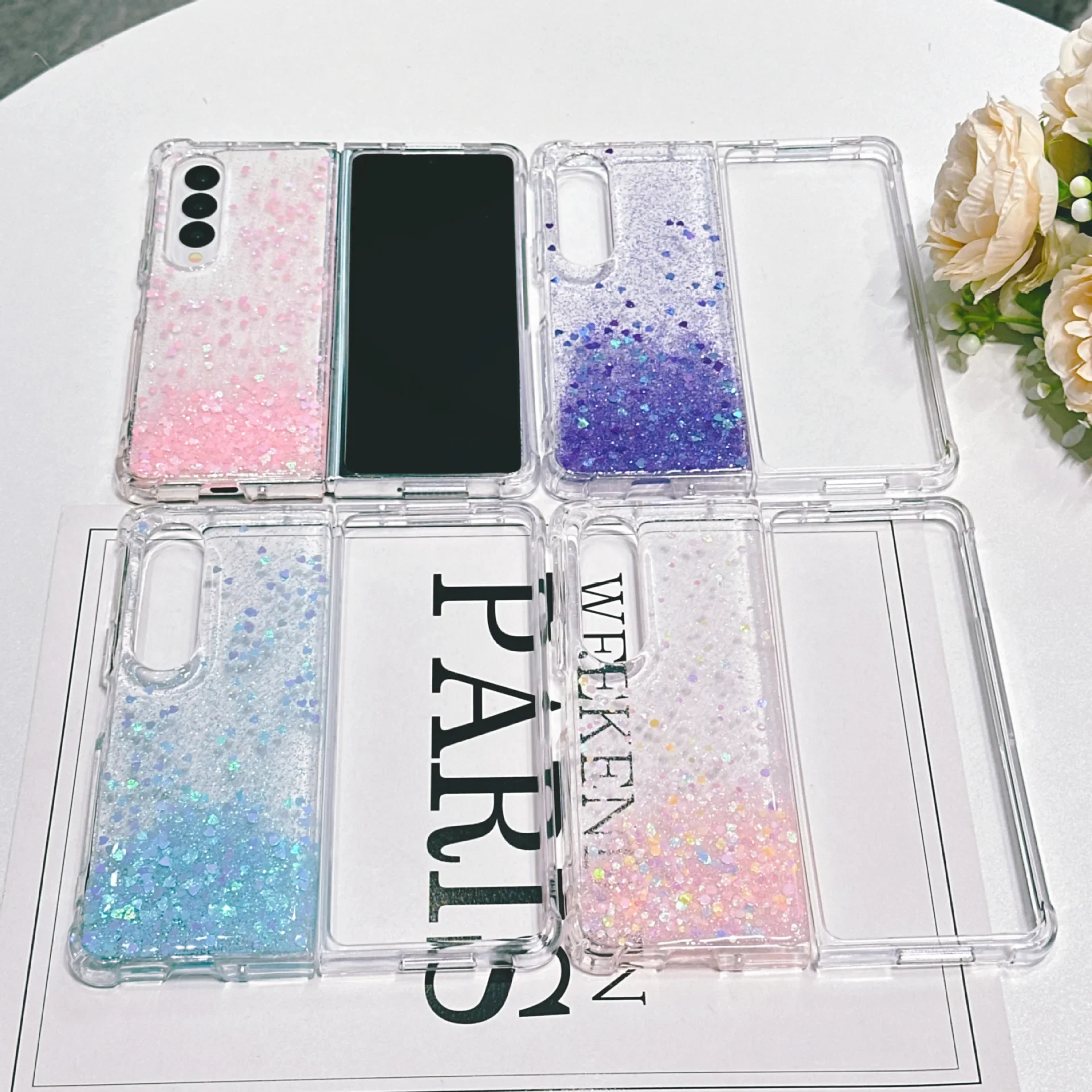 Transparent Gradient Glitter Case for Samsung Galaxy Z Fold 6 5 4 3 Four Corner Shockproof Protection Hard Cover Accessories