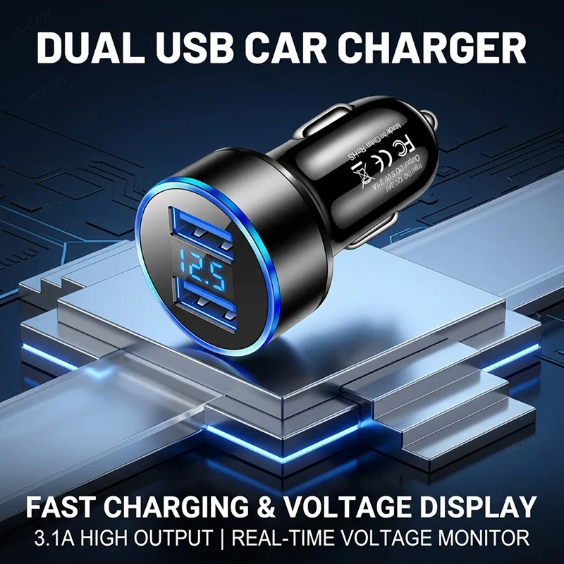 

Dual USB Car Charger LED Display 3.1A Output ABS Adapter Low Temperature Protection For Tablet Smartphone For iPhone 17 16 Pro