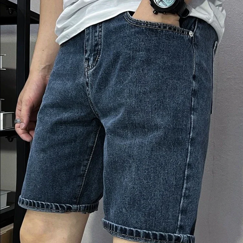 

With Pockets Half Man Denim Shorts Long Slim Bermuda Short Jeans Pants for Men Skinny Distressed Korean Fashion Emo Summer Jorts
