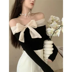 MEXZT French Elegant Sweater Women Sexy Off Shoulder Bow Slash Neck Pullovers Ladies Y2K Korean Stretch Slim Long Sleeve Tops