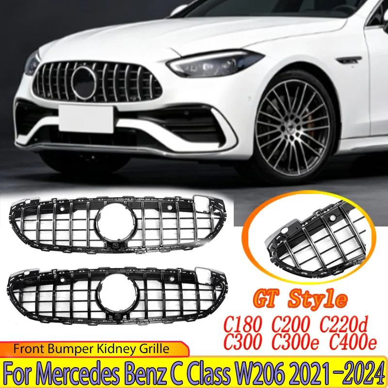Front Bumper Kidney Grille for Mercedes Benz C Class W206 C180 C200 C220d C300 C300e C400e 2021-2024 GT Style Auto Accessories