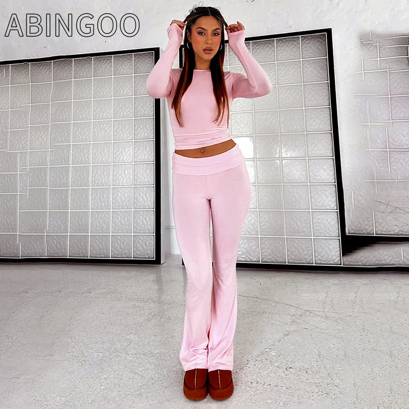 

Женский спортивный костюм ABINGOO из 2 предметов, повседневный укороченный топ с круглым вырезом и длинными рукавами + расклешенные длинные брюки, облегающая уличная одежда, спортивная одежда