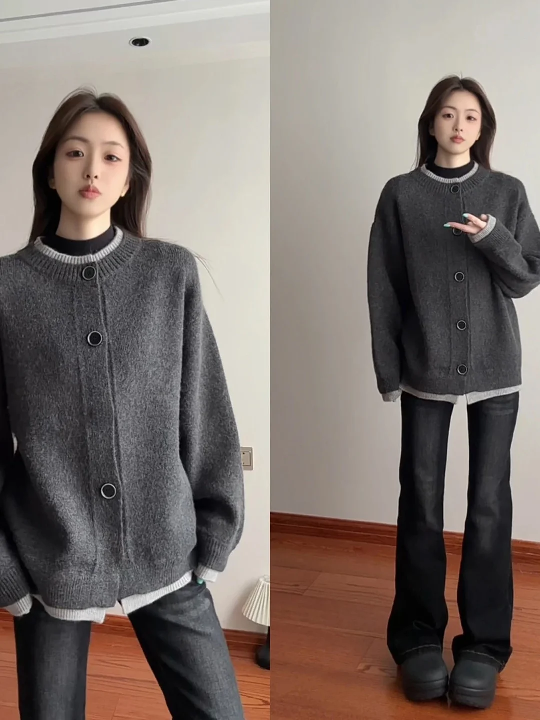 

Мужской вязаный кардиган Deep ey с эффектом двухслойности, свободного кроя, в американском стиле, для осени и зимы