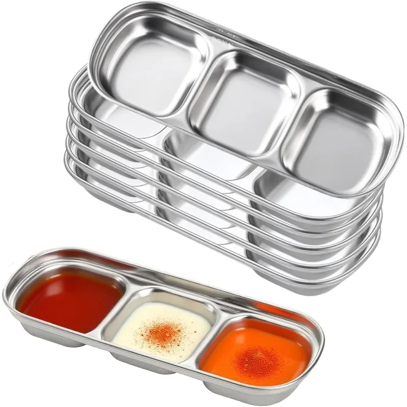 Korean 2/3 Compartment Soy Sauce Dish Stainless Steel Divided Dip Plates Seasoning Condiment Dishes Tray for Vinegar Spice Suger