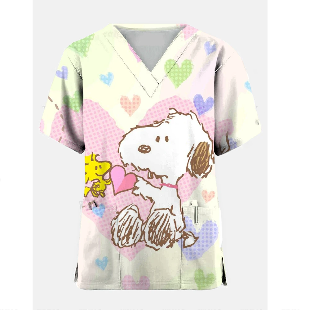 Women Working Uniform Snoopy print Pet Grooming Nurse Uniform Short Sleeve Spa V-neck Scrub Tops Healthcare Carer Tunic