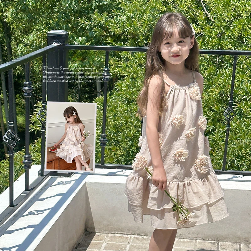 

Girl Dress Heavy Industry Model Children Skirt 2024 Summer Princess Dress Girl Temperament Three-dimensional Flower Slip Dress