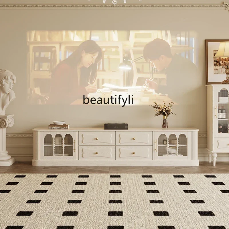 

French retro all-solid wood cream wind TV cabinet living room small apartment storage locker integrated American locker