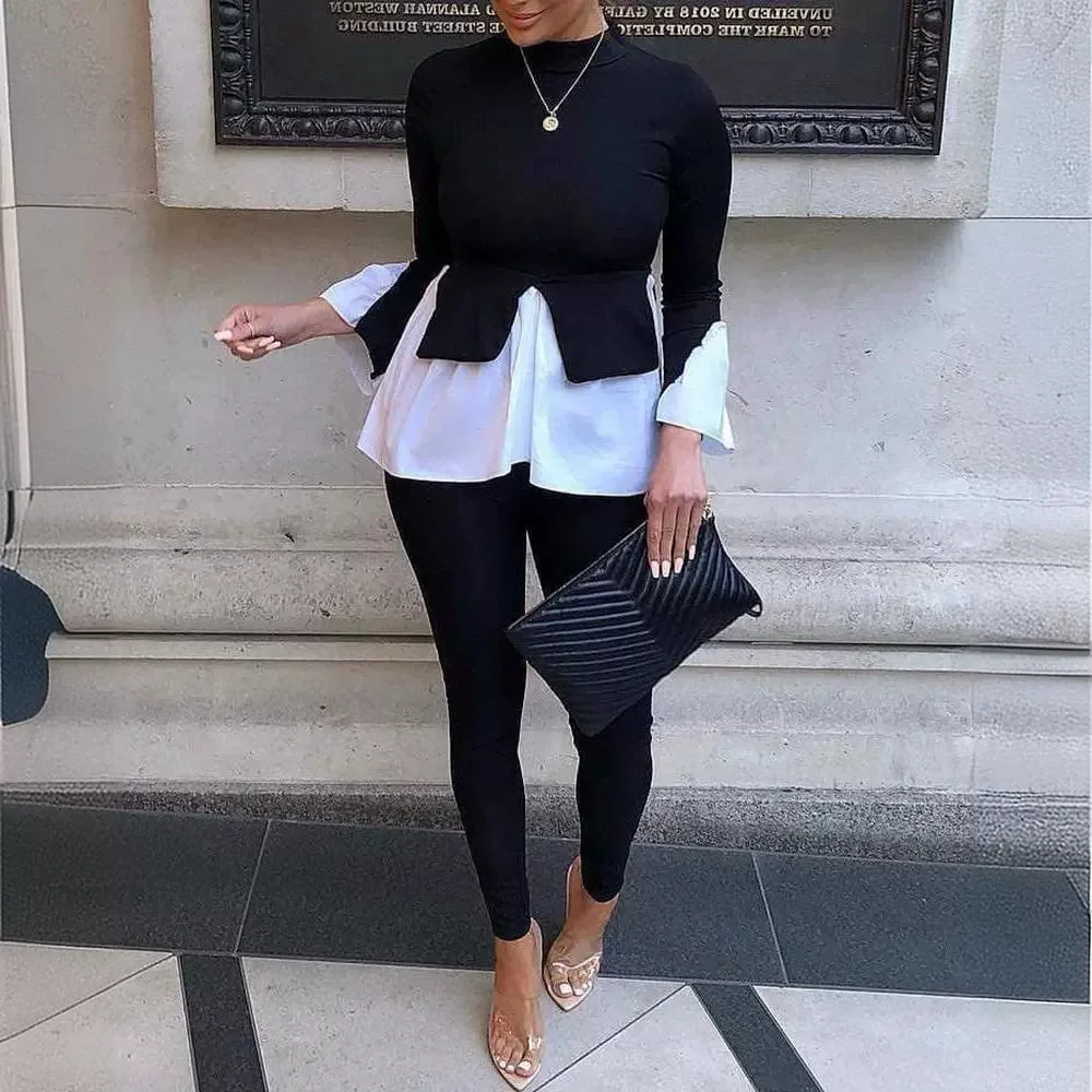 Women Tops Slim Fit Top Fake Two Pieces Round Neck Full Sleeve Solid Casual Tight High Waist Elegant Splice Tees Summer 2024