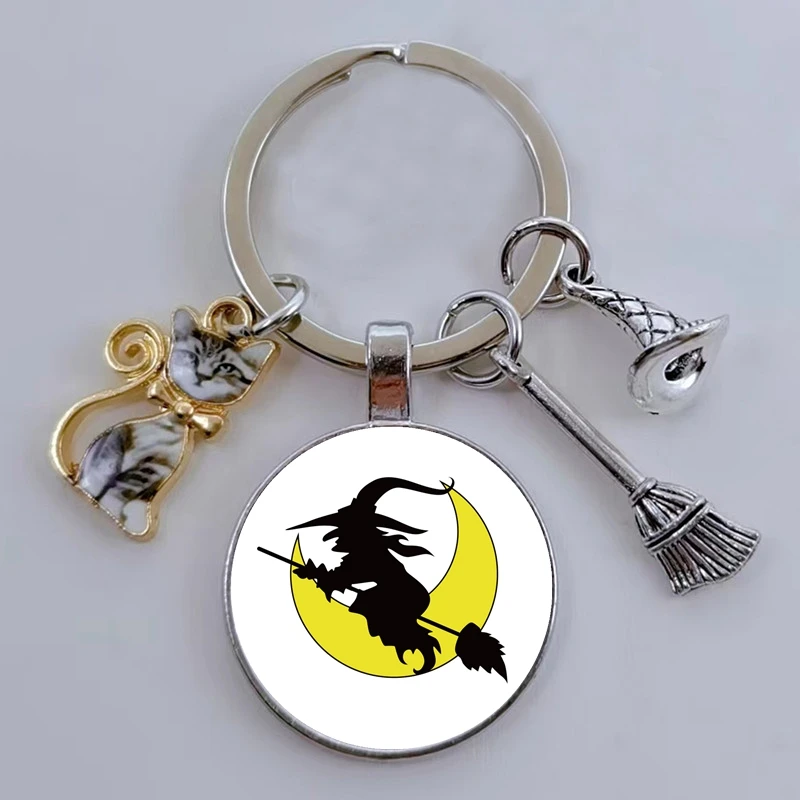 Ведьма-метла-Хэллоуин-стеклянный-подвесной-брелок-для-Хэллоуина-Автомобильный-ключ-сувенир-подарок-для-женщин-мужчин-Сумочка-Подвеска-кольцо-для-ключей-diy-аксессуары