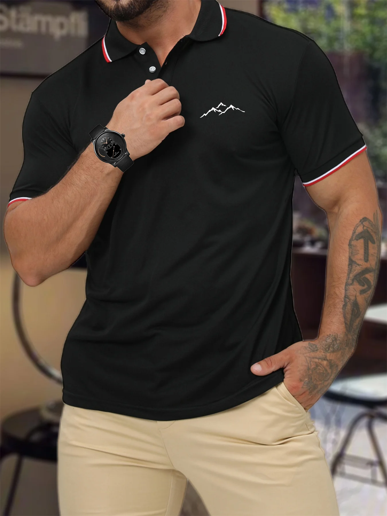 Men's 100 cotton summer casual fashion loose plus size mountain pattern printed collar short sleeved polo shirt travel outfit