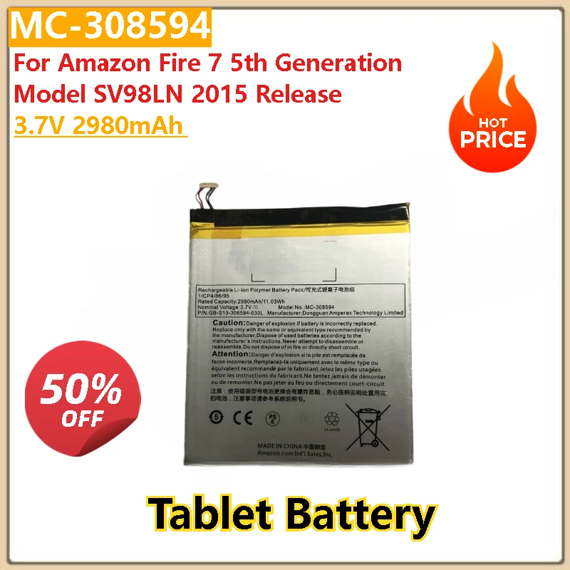 100% New High Quality 3.7V 2980mAh MC-308594 Tablet Battery For Amazon Fire 7 5th Generation Model SV98LN 2015 Release