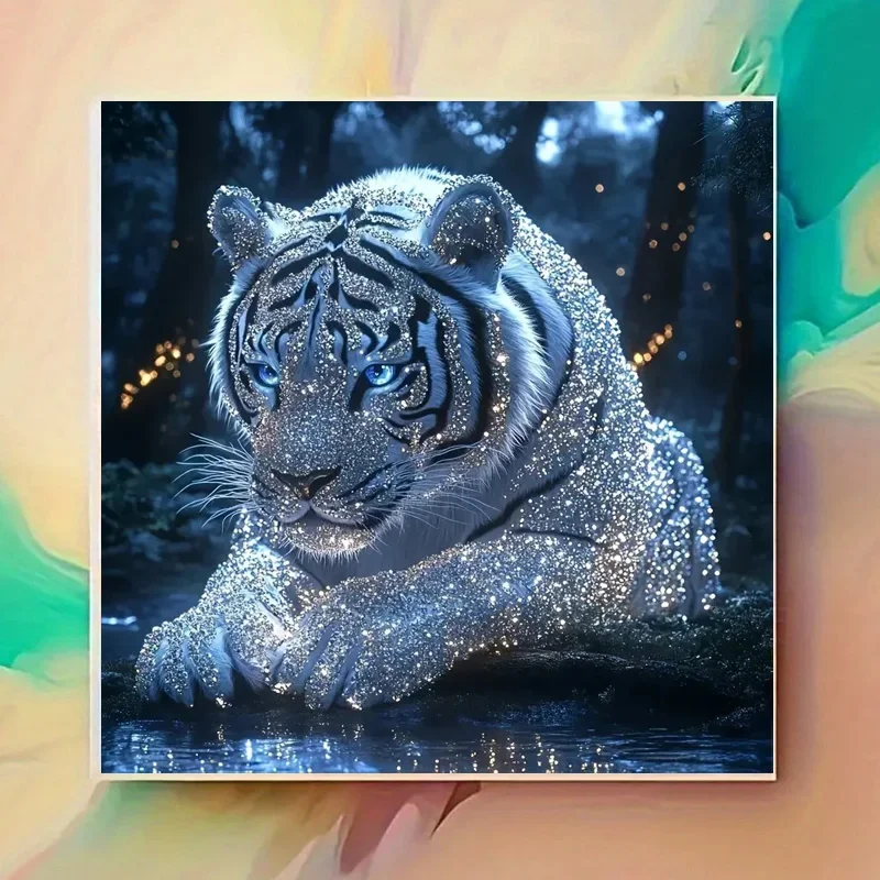 White Tiger Animal Moonlit Forest Stream 5D DIY Diamond Painting Kit No Frame Full Drill Mosaic Art Gift Adults Home Wall Decor
