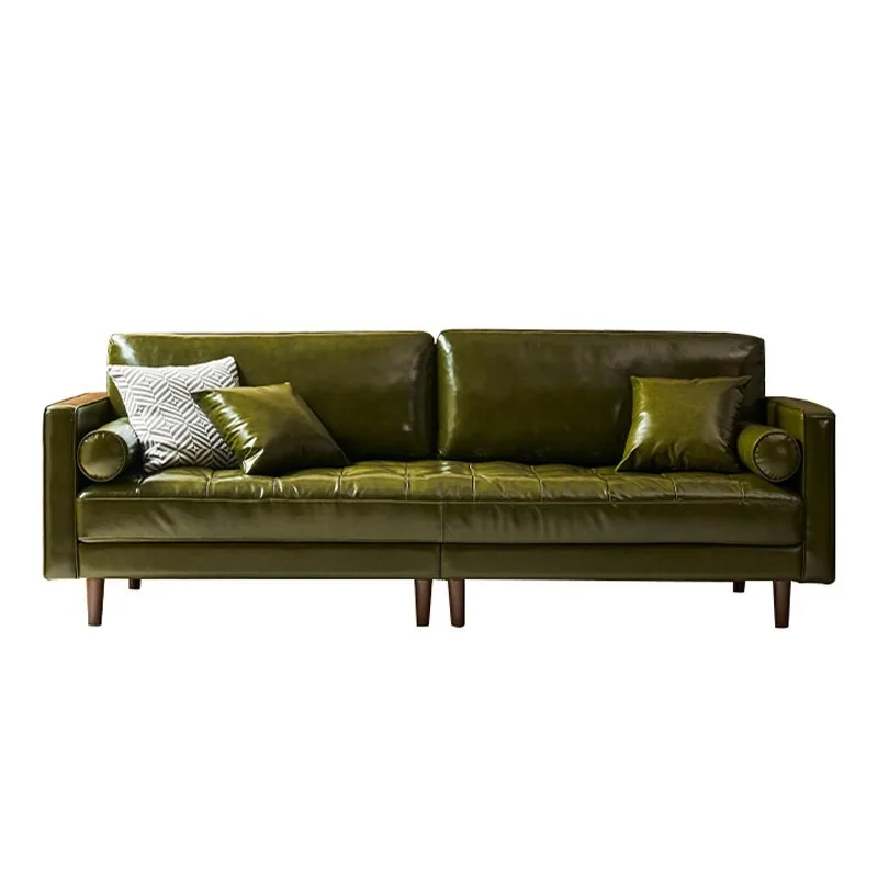 

Full cowhide leather sofa small apartment living room straight row three people American retro medium and ancient style