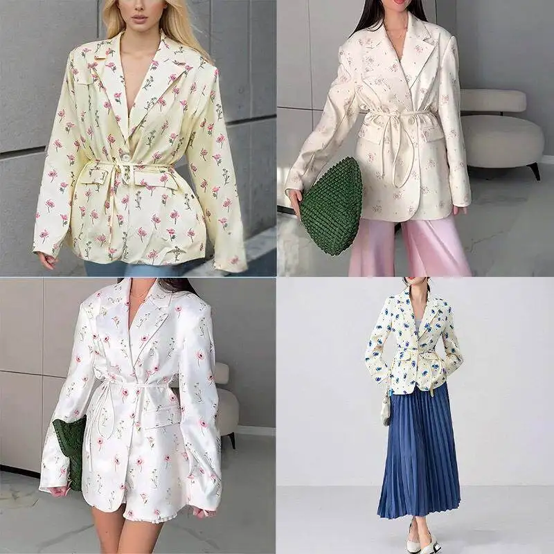 

Весенний женский пиджак свободного кроя с принтом и завязками на воротнике, длинными рукавами, в деловом стиле, из смесового хлопка, коллекция 2026 года