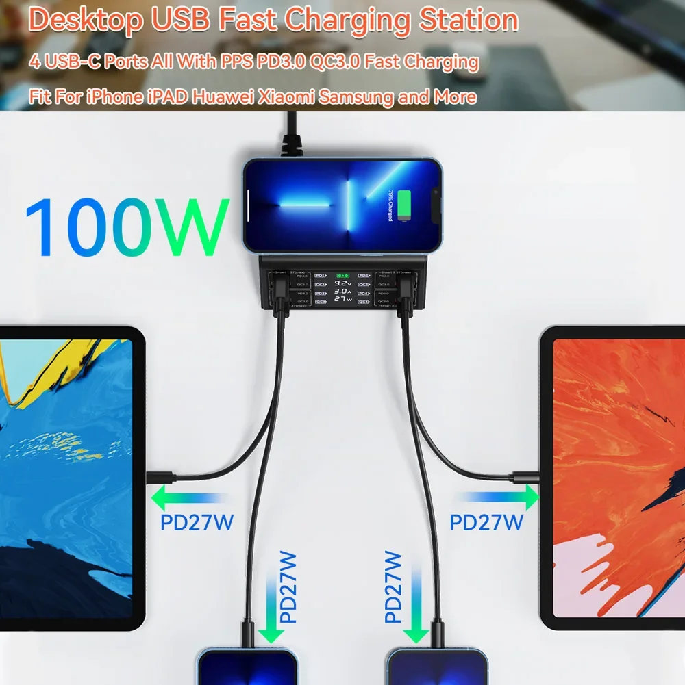 100W 8 Port USB Charger PD QC3.0 USB C Fast Phone Charger Qi Wireless Charger Charging Station For iPhone 13 12 Xiaomi Samsung