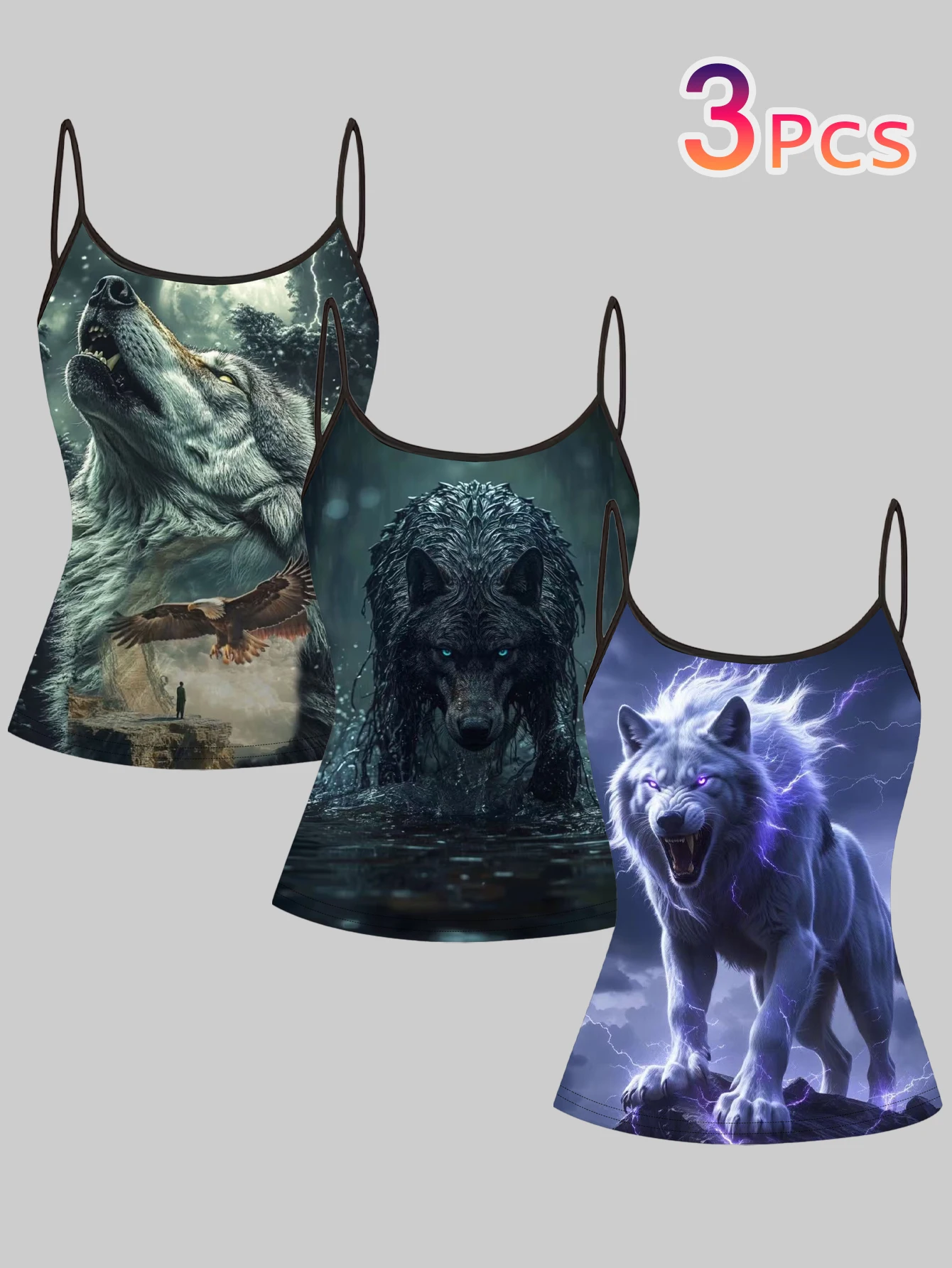 3-Piece Set of Women's Tank Tops with Thunderstorm Wolf Print, Dark Wild Beast Style, Slim Fit Sleeveless Hot Girl Inner Wear Tops