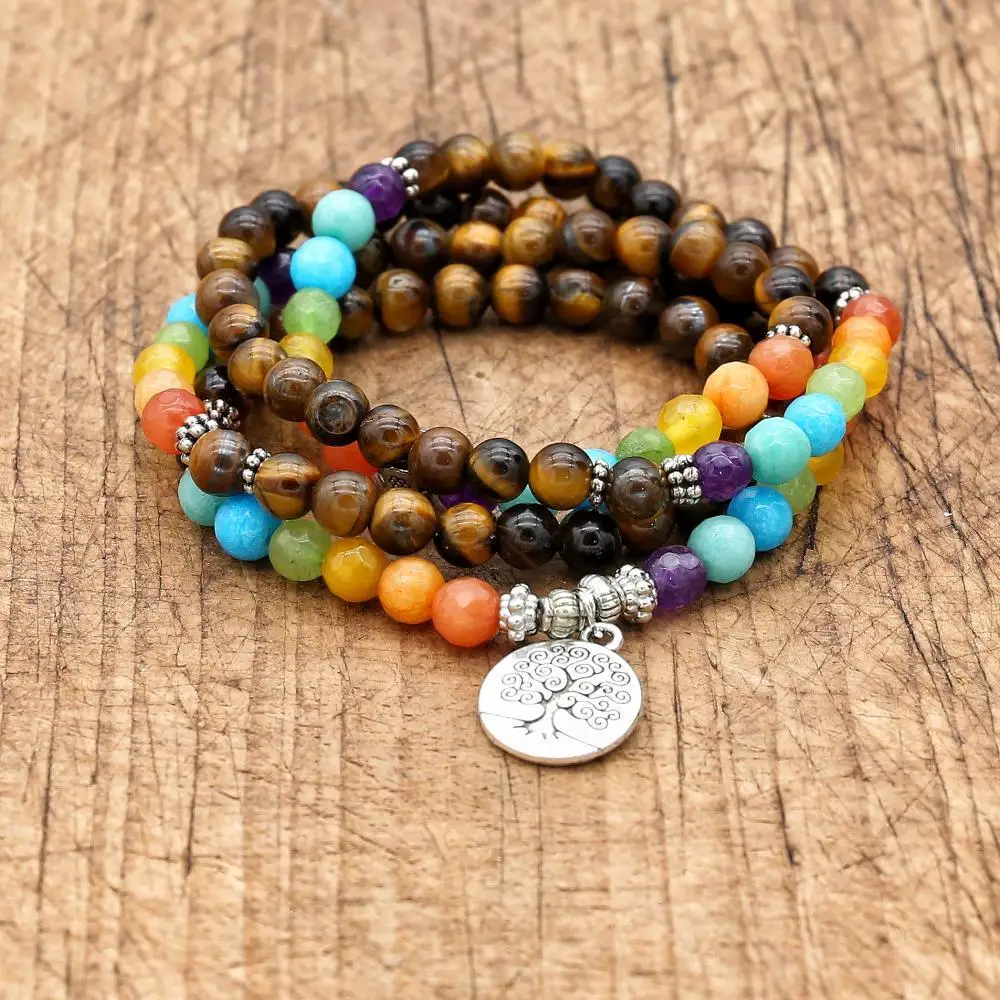 6mm Beads Tiger Eye 7 Chakra Mala Bracelets 108 Buddha Tree of Life Healing Yoga Bracelet For Women Man Jewelry