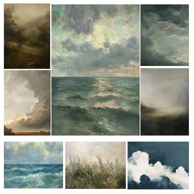 Vintage Cloud Landscape Art Posters Moody Sky Forest Plants Modern Prints Canvas Painting Wall Pictures Home Living Room Decor