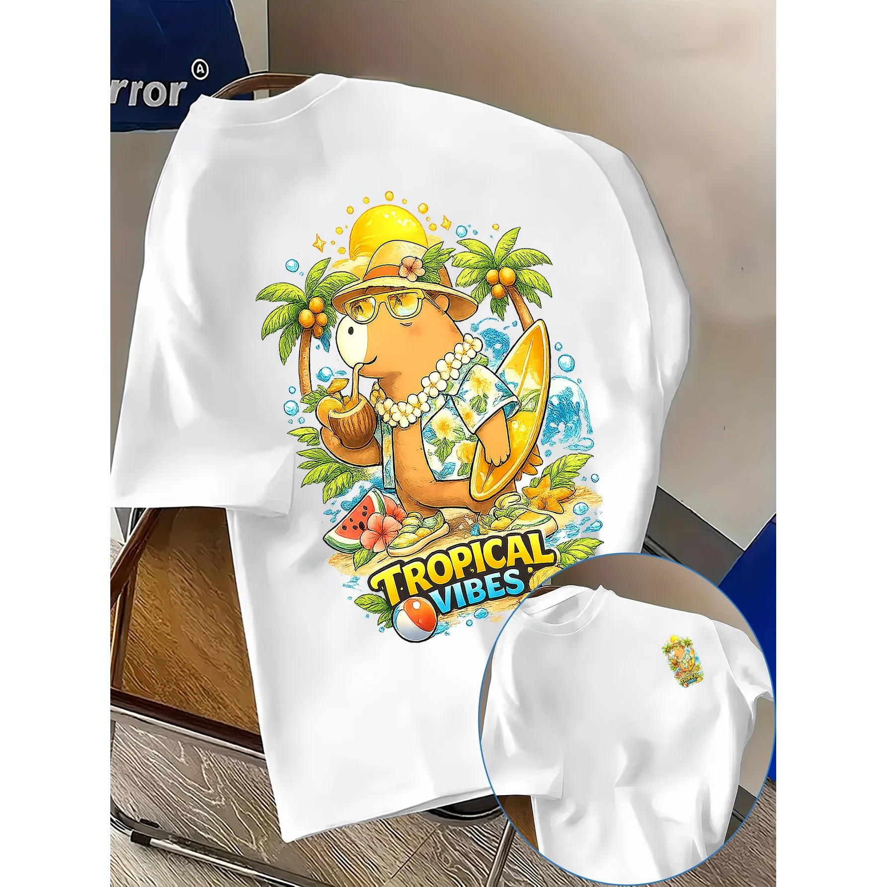 Tropical Vibes Capybara Tropical Style Print Men'S Casual T-Shirt, Versatile Fashion Short Sleeve, New Men'S Top