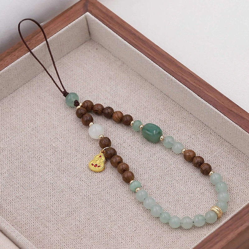 

New Chinese-Style Original Design Phone Chain Natural Stone & Wood Bead Gourd Phone Pendant Premium Beaded Necklace
