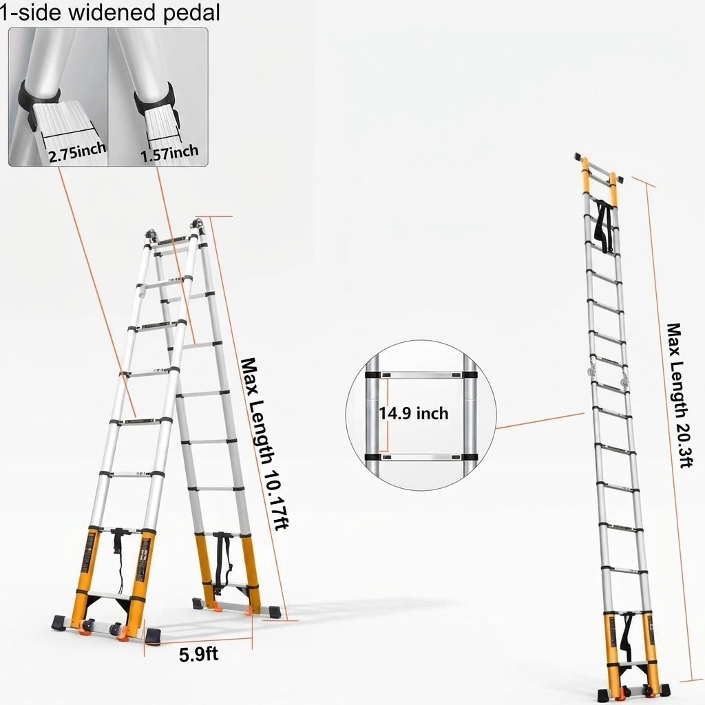 20FT Aluminum Frame Telescoping Collapsible Extension Ladder Double Balance Bars Securing Straps Wheels Tools Bag EN131
