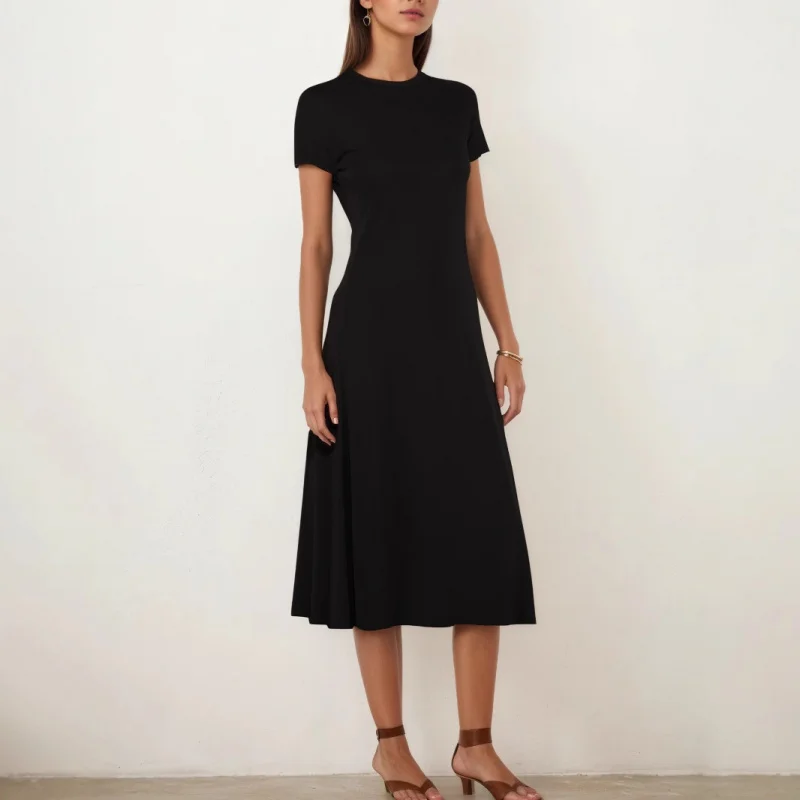 ヨーロッパとアメリカの夏のカジュアルでエレガントな新しいラウンドネック半袖Aラインドレス