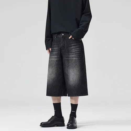 Pantalones cortos de mezclilla con diseño de rayo americano para hombre, pantalones cortos rectos holgados de pierna ancha, pantalones informales holgados de calle, verano 2025
