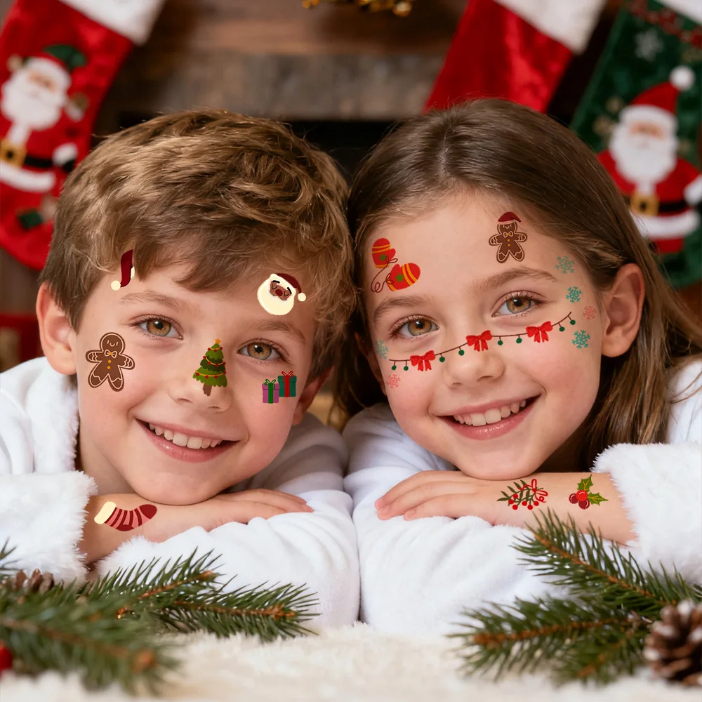 10 Sheets Cartoon Christmas Temporary Tattoos For Kids Cute Santa Snowman Christmas Tree Stickers Non Toxic Skin Safe