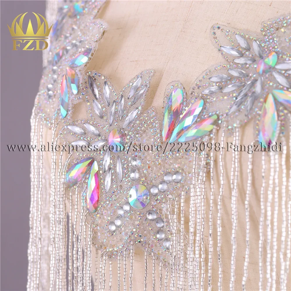 FZD 1 Peice Handmade rhinestone AB Silver Crystal Beaded Sewing Tassel Patches Applique Rhinestones Trimming for Women Clothes