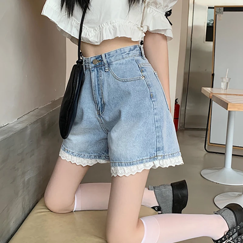 

Summer New Women Denim Shorts Large Size High Waist Wide Leg Lace Splice Hot Pants Chic Design Female Short Pant S-5xl